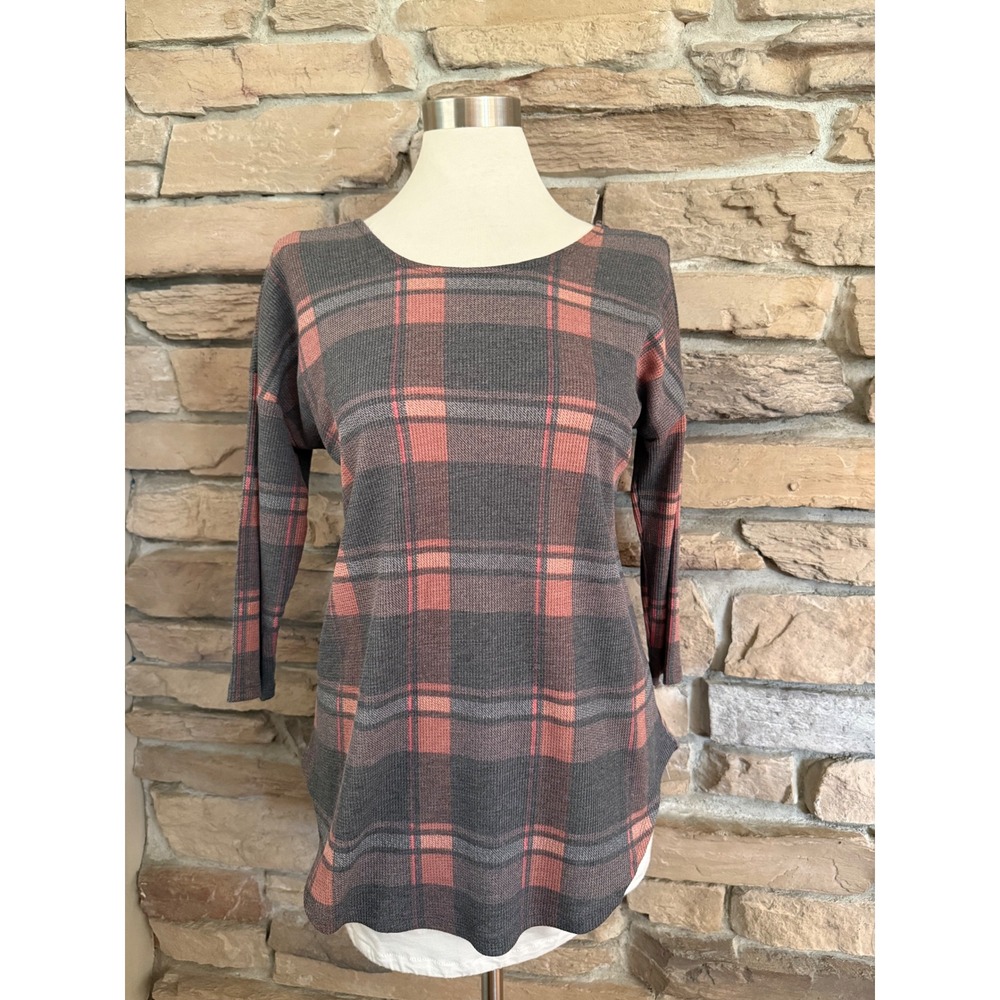 Bobeau Womens Plaid Thermal Waffle Knit Top Grey Coral Criss Cross Back MT2K7V S